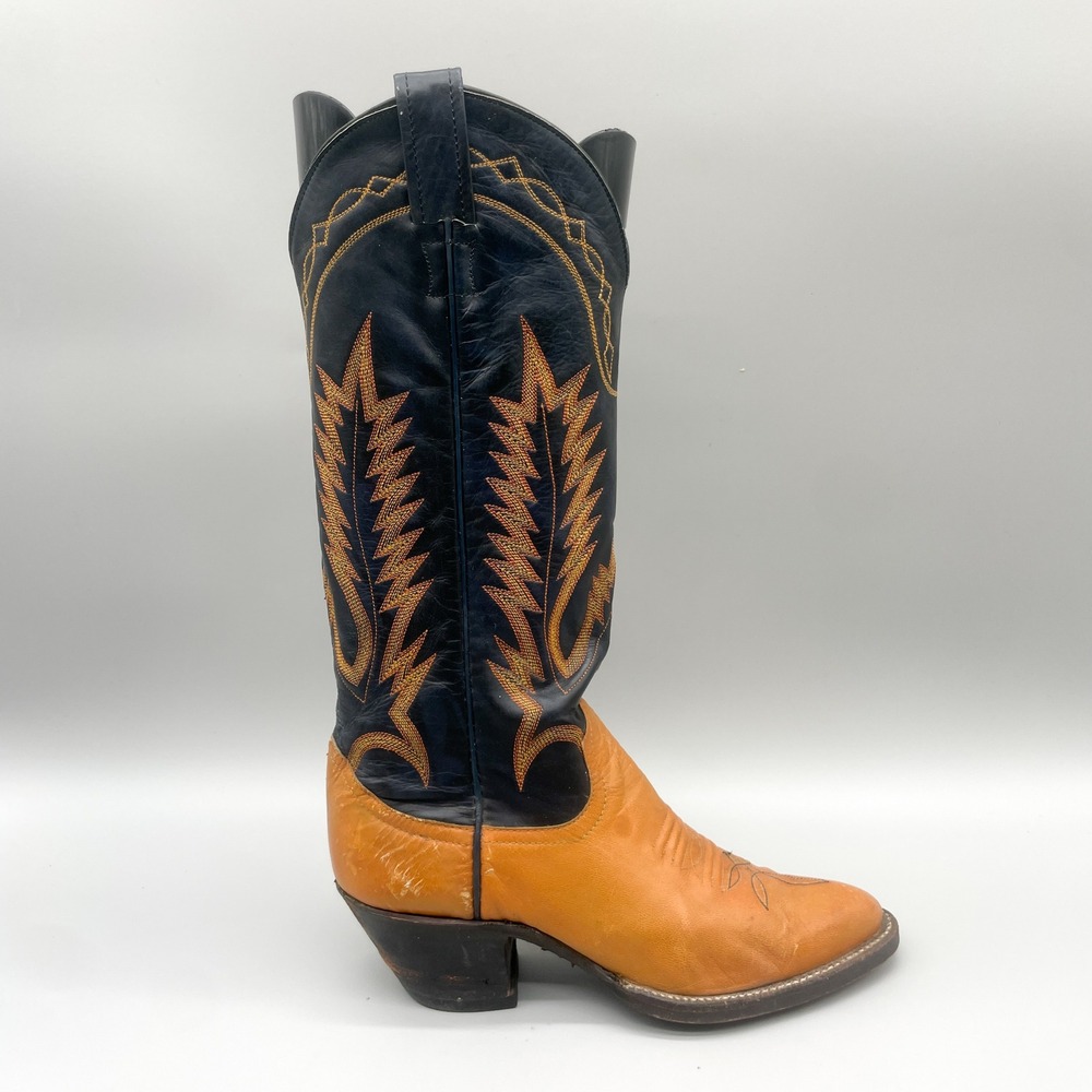 Vintage Larry Mahan Womens 260 6B Navy Tan Leather Western Coastal Cowgirl Boots